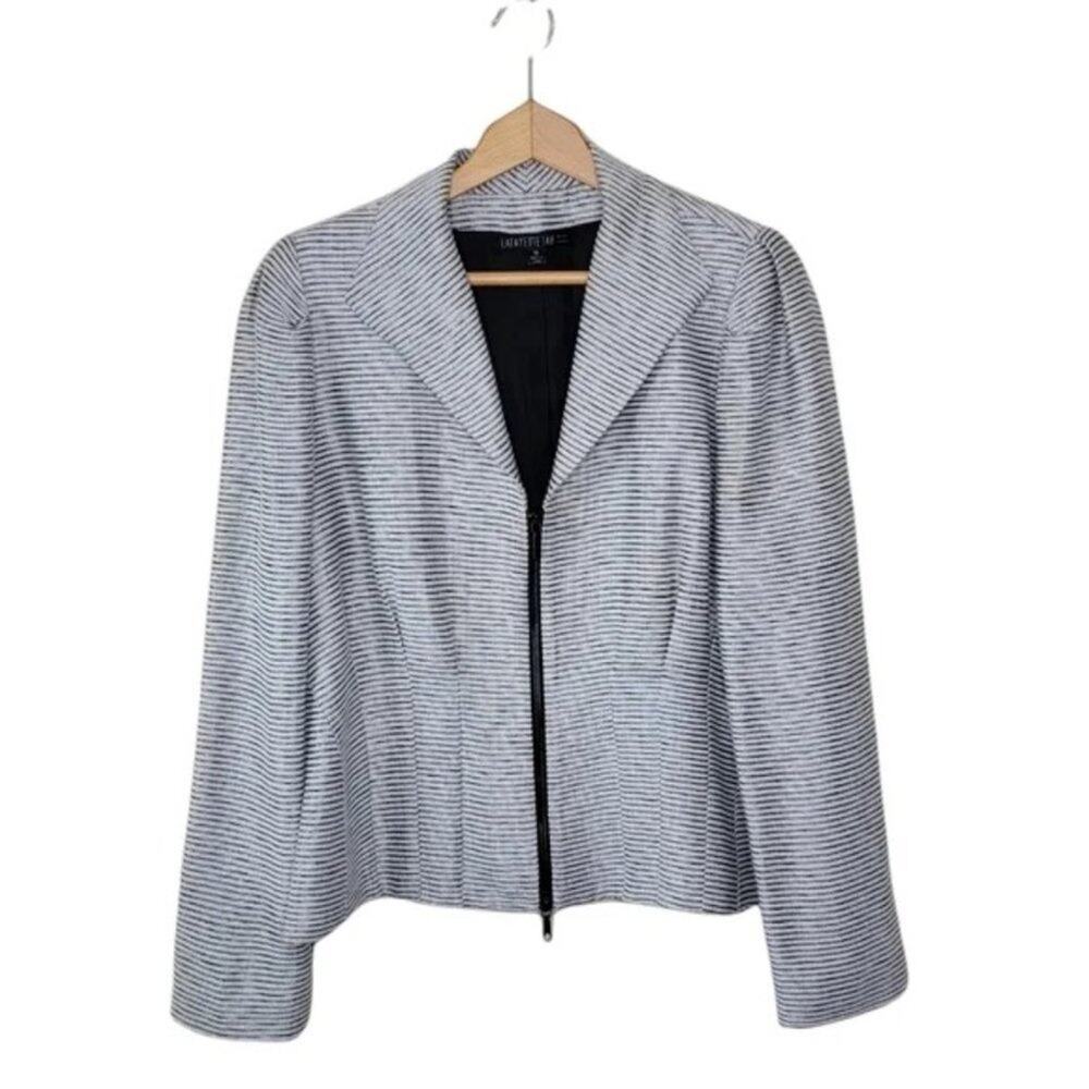 Lafayette 148 Black & White Textured Stripe Zipper Front Blazer Jacket Size 8